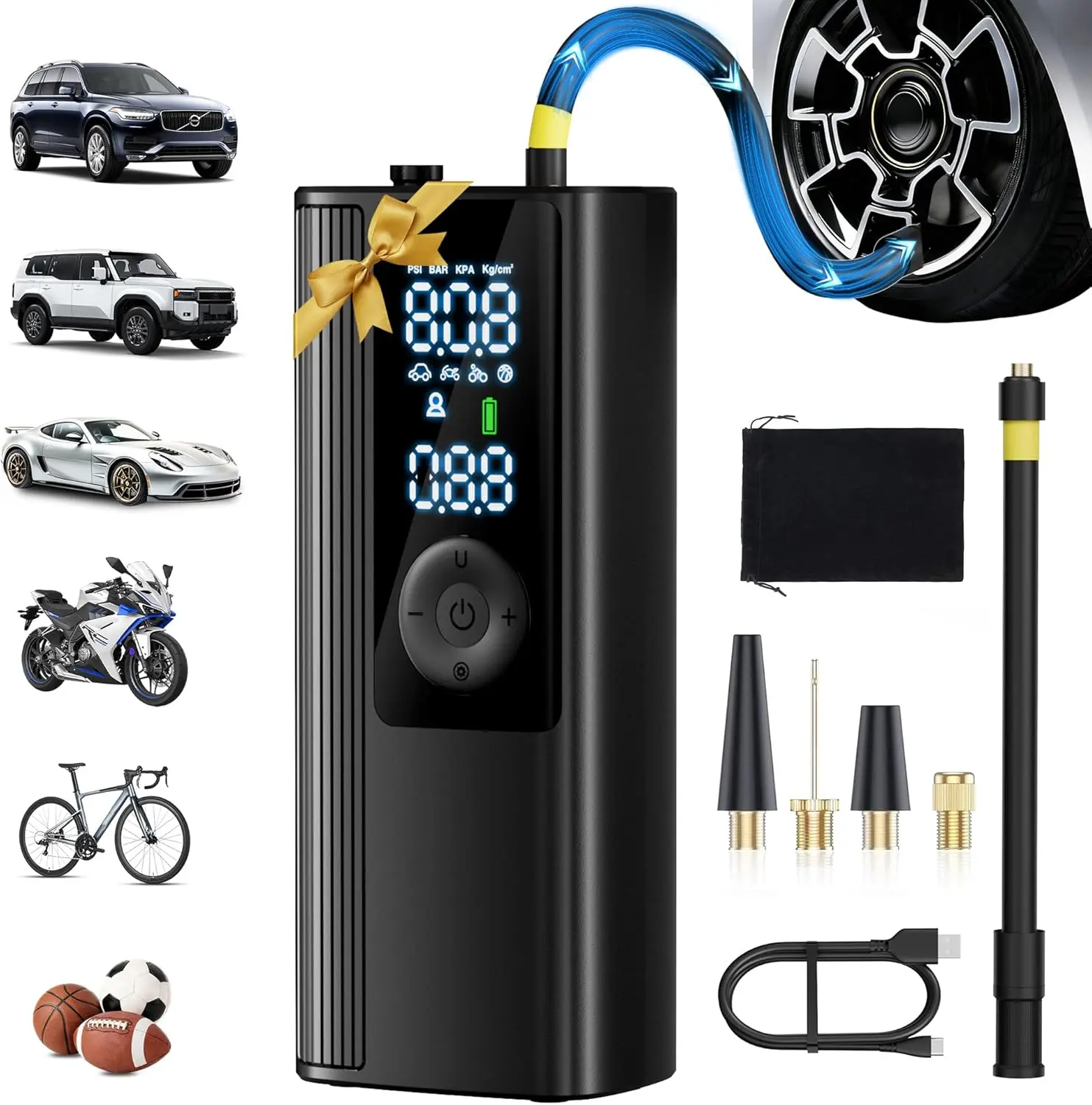 

Portable Cordless Air Compressor with Digital Display, 150PSI for Car Bike Motorcycle Balls, LED Light Auto Shut-Off