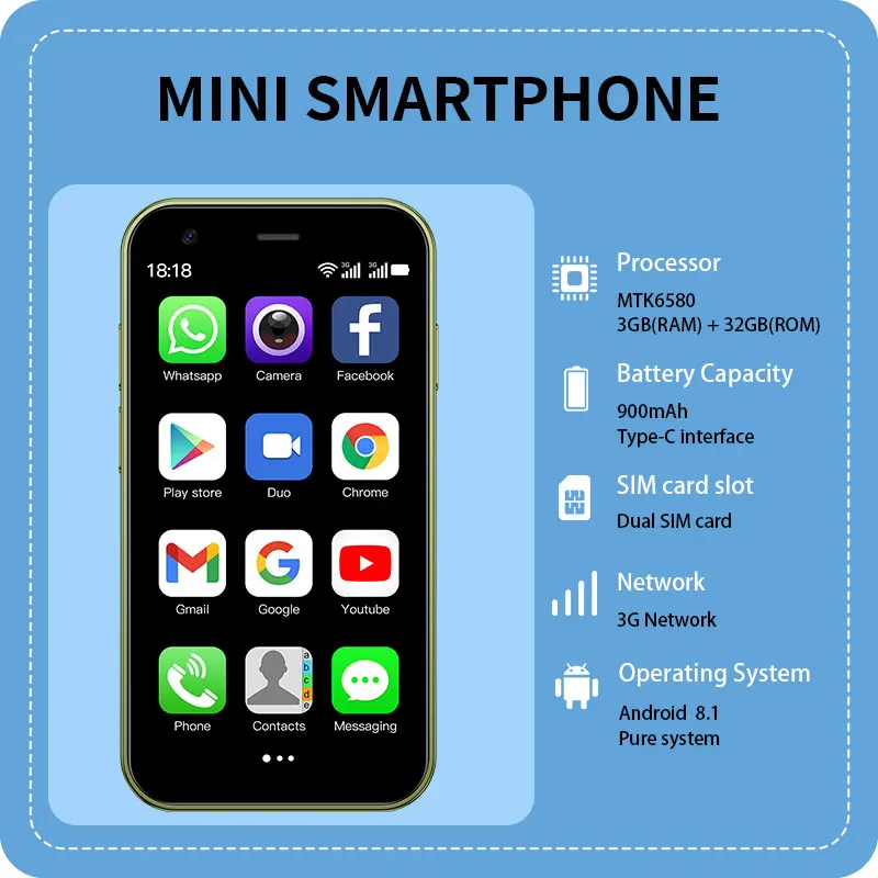 هاتف Soyes Mini-24 Mini Android مقاس 3 بوصات و3+32 جيجابايت ذكي ثنائي الشريحة، هاتف صغير محمول مع متجر لعب، هاتف مدمج