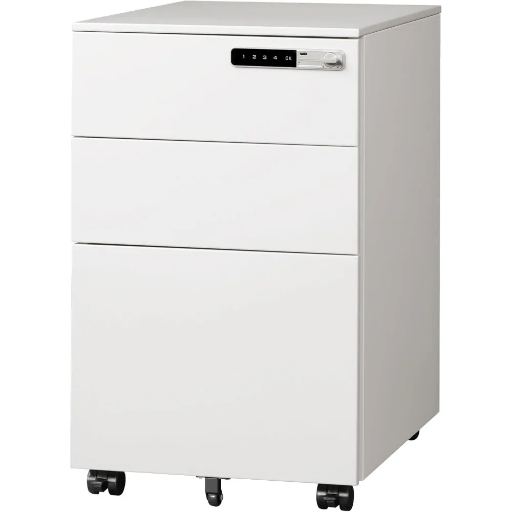 3-Drawer Mobile File Cabinet with Smart Lock, Pre-Assembled Steel Pedestal Under Desk, White