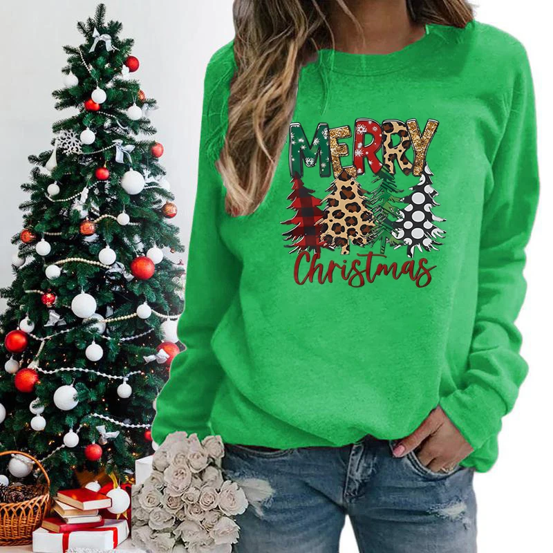 Christmas Trees Merry Christmas Sweatshirts For Women Crew Neck Long Sleeves Winter Fashion Ladies Xmas Gifts Sweatshirts