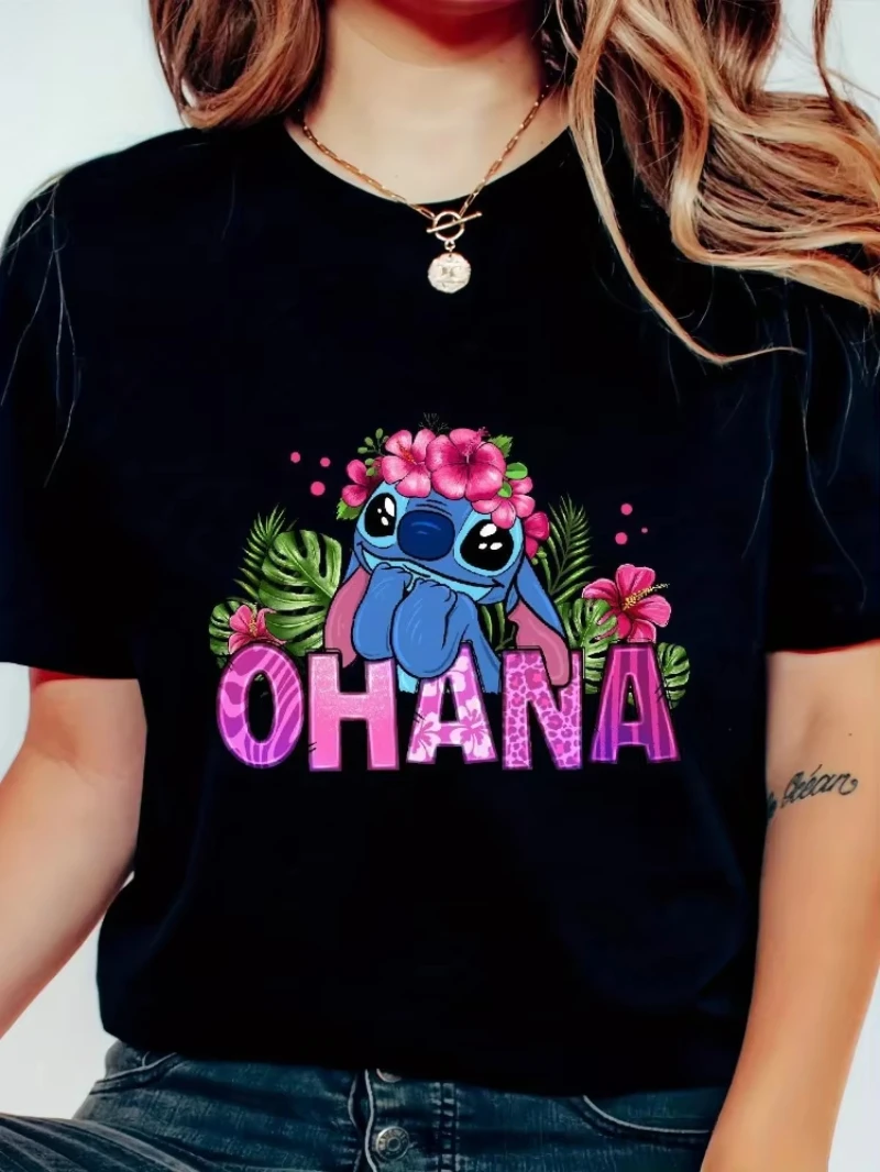 Kaos Pola Y2K Pria Wanita Disney Stitch Atasan Lengan Pendek Pola Bunga dan OHANA Kemeja Fashion Santai Longgar Ukuran Besar
