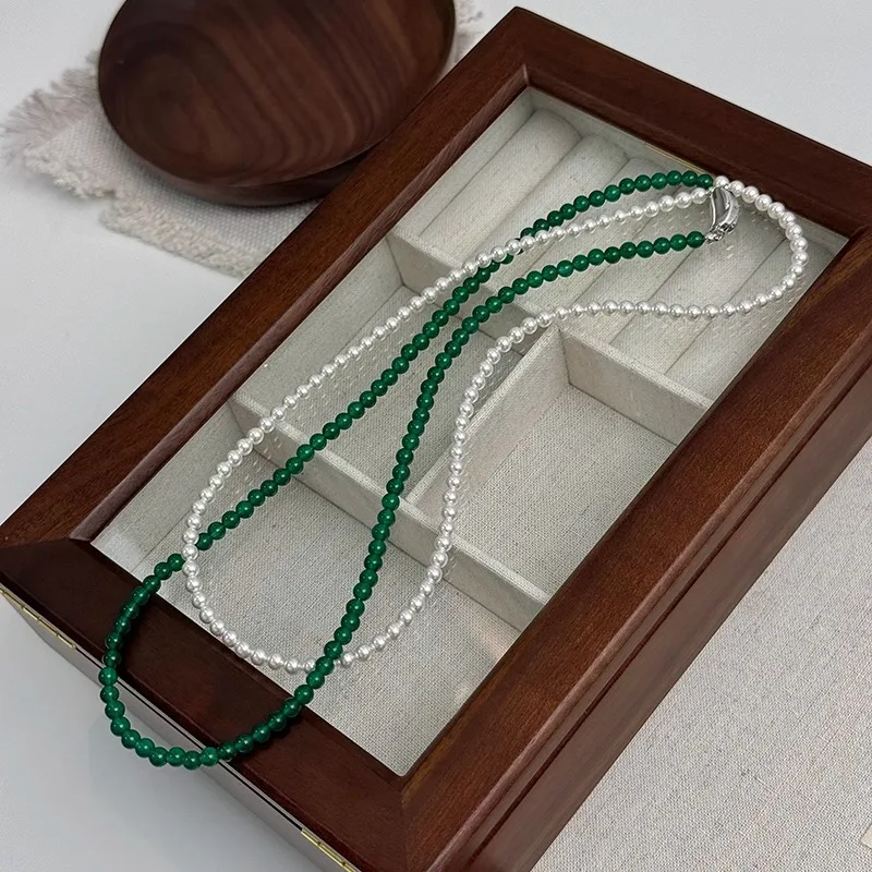 

Длинное ожерелье с пряжкой Yuanbao из нержавеющей стали, зеленый агат Shijia, длинное ожерелье с жемчугом для женщин, элегантный ретро-новый свитер в китайском стиле