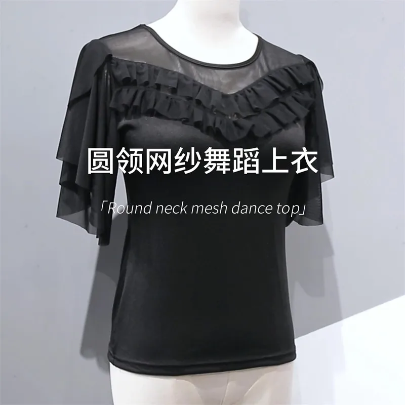 Women Latin Dance Top Tango Jazz Waltz Ballroom Dancing Shirt Short Sleeve Ruffles Dance Practice Performance Dance Costume