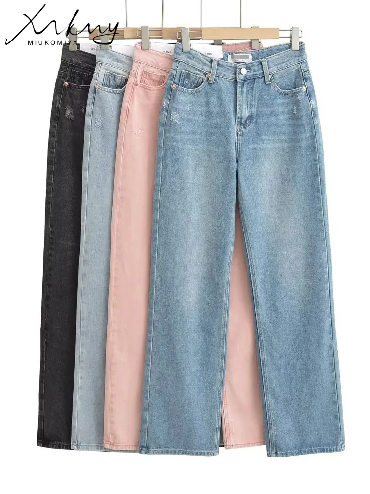 MiuKoMiYa Wide Leg Pink Jeans For Women High Waist Gray Full Denim Pants Straight Vintage Jean Women 2023 Fashion Denim Trousers