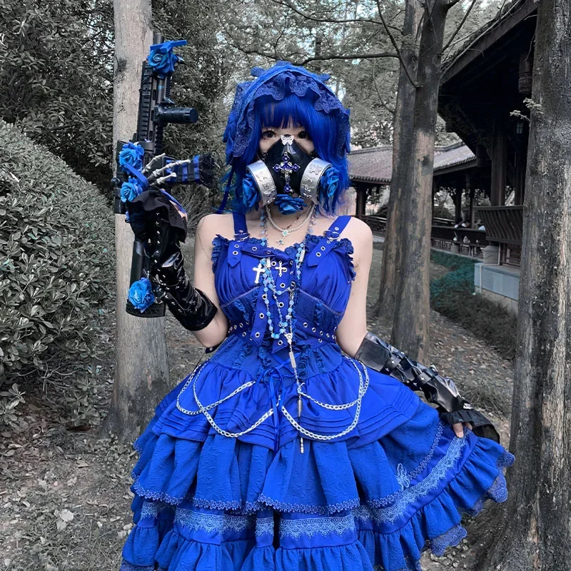 

Blue Gothic Bow Slim Spaghetti Strap Pettiskirt Sweet Girl Women's Mini Dresses + Waistcoat 2-piece Set Lolita Style JSK Dress