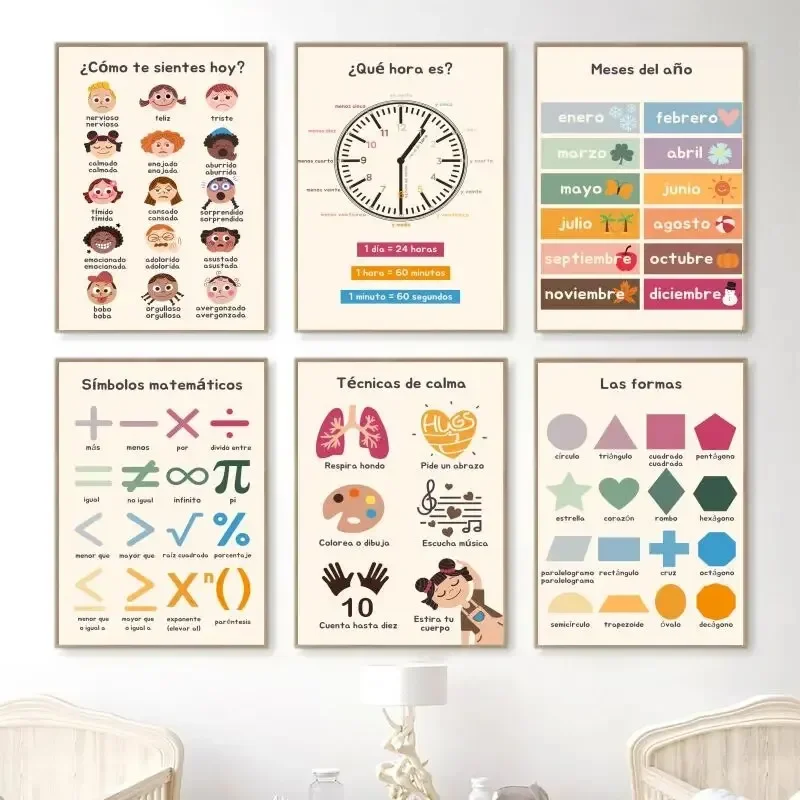Spanish Education Posters and Prints Bohemian Wall Art Painting Numeric Alphabet Learning Pictures Children's Room Decoration