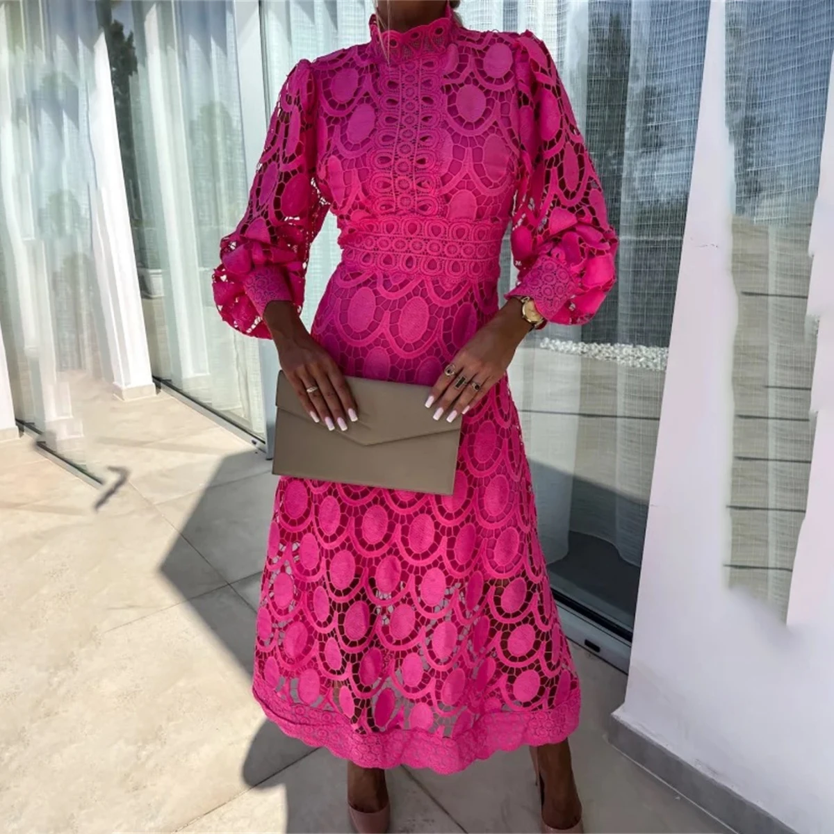 Elegant French Lace Dress For Women Hollow Out Stand Collar Commute Solid Color Long Sleeves Dresses Summer British Style Skirts