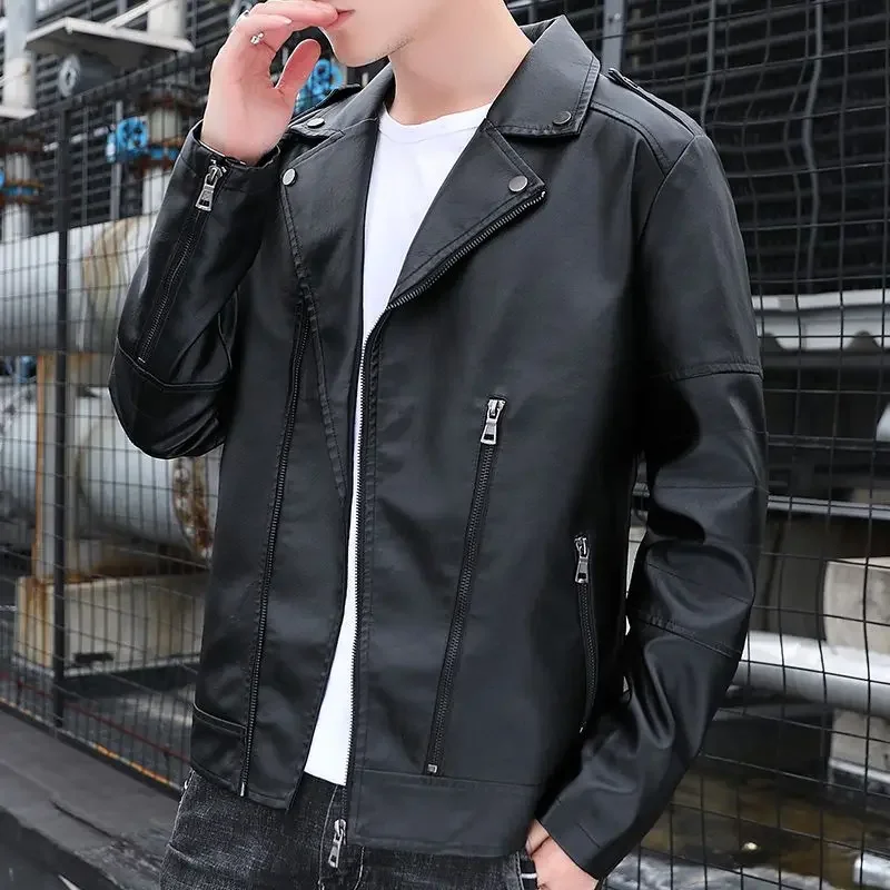 

Autumn Men's PU Leather Jacket Korean Slim Fit Flip Collar Fashionable Outerwear for Men​