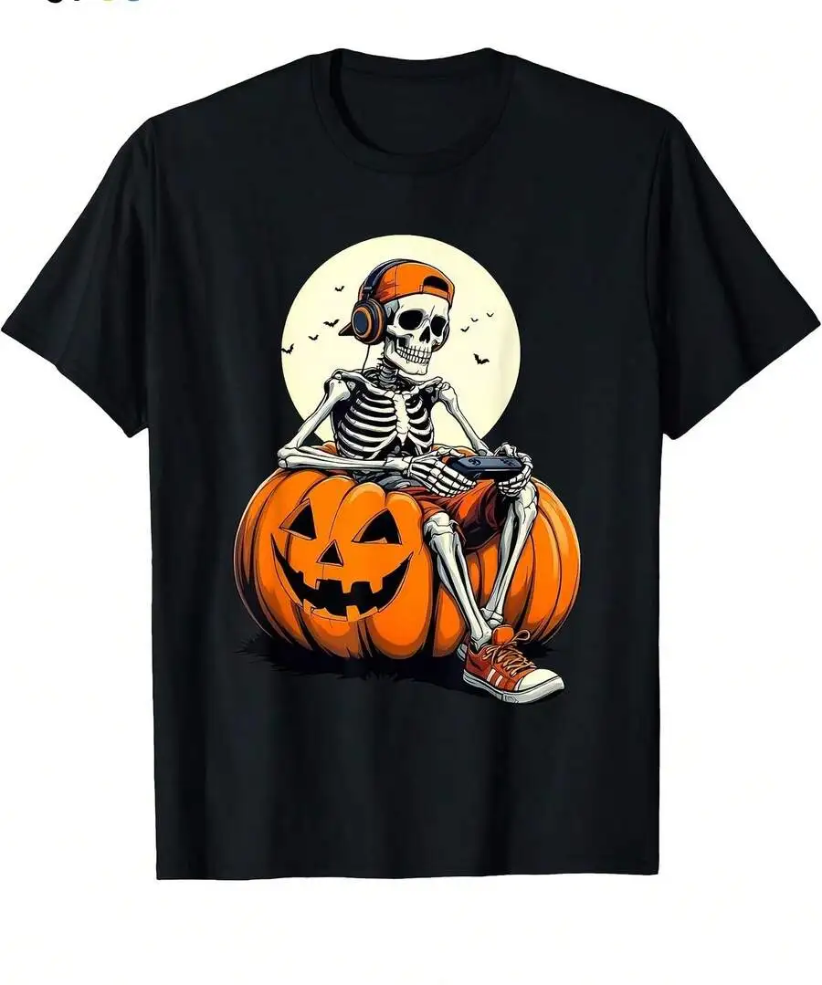 1pc Men' S Gaming Skeleton Print Black TShirt, Crew Neck, Casual Cotton Tee,  Regular Fit For Boys& Man Halloween, Fall Cotton Graphic Tee