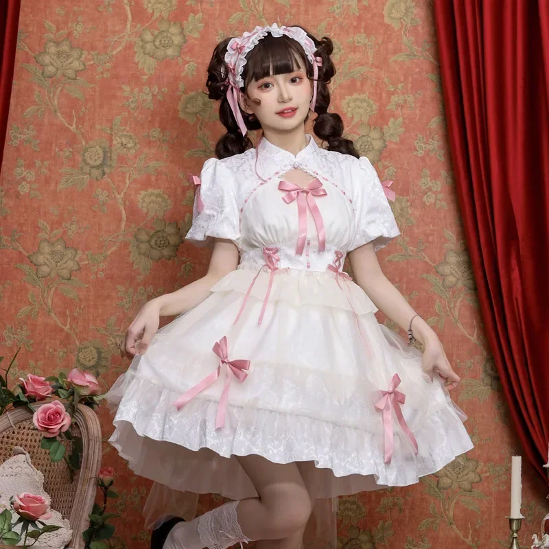 

Gothic Lolita Princess Dress Women Sweet Bowknot Cross Lace Ruffles Evening Party Dresses Japanese Harajuku Y2k Bandage Vestidos