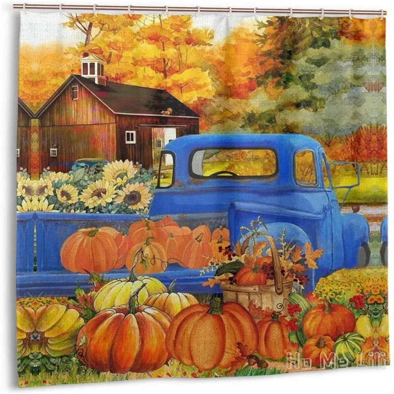 Fall Thanksgiving Pumpkin Blue Car Farmhouse By Ho Me Lili Shower Curtain For Bathroom Durable Waterproof Autumn Rustic Truck