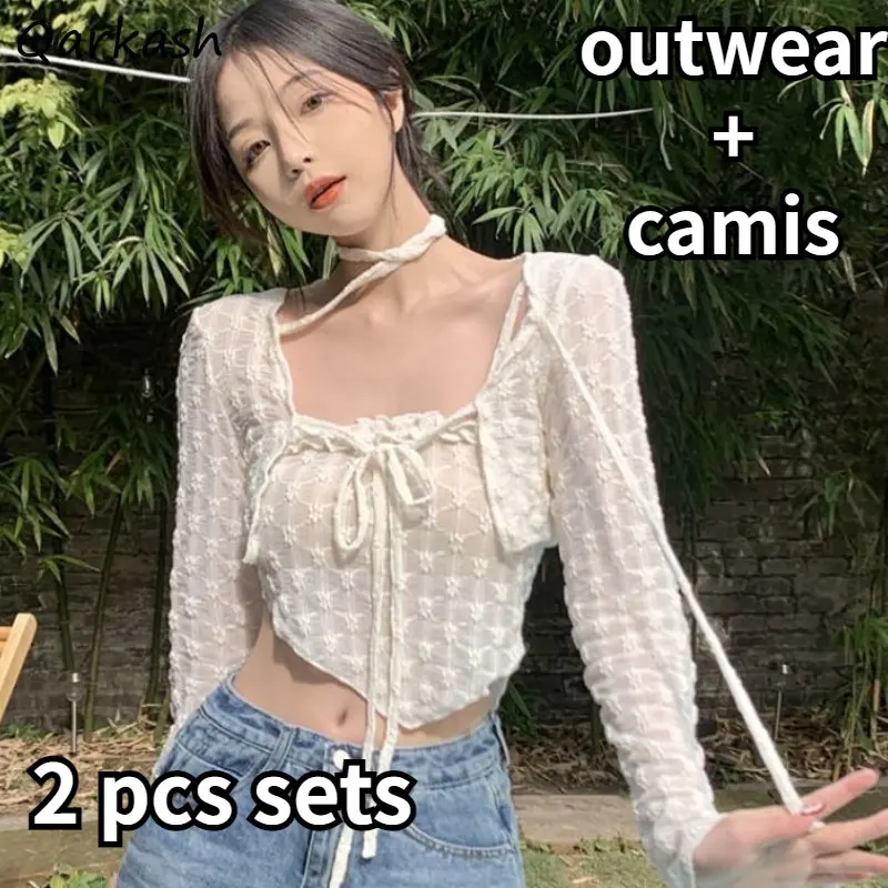 

2 Pcs Sets Women Long Sleeve Thin Outwear Irregular Hotsweet Camis Breathable Crop Tops Summer Schoolgirls High Street Simple