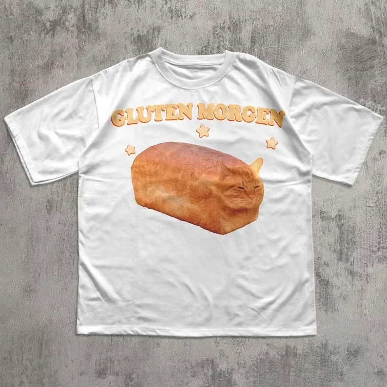 2026 Fun Cat Meme T-shirt Toast Bread Cat Printed T-shirt Retro Street Women's Comfortable Large T-shirt