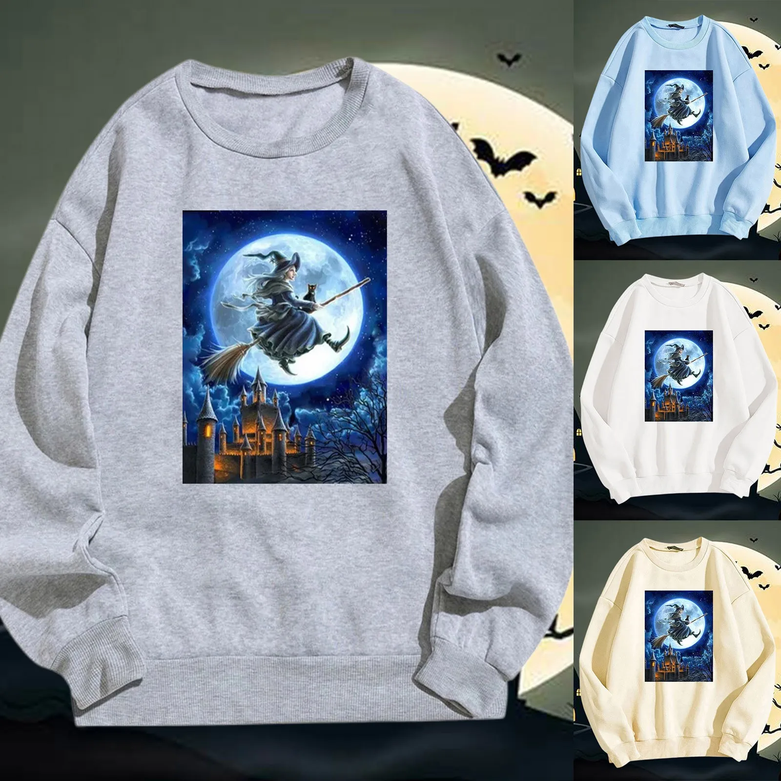 2024 Nowa damska bluza z kapturem na Halloween z nadrukiem czarownicy Okrągły dekolt Długi rękaw Casual Pullover Trend Moda Wygodna ciepła bluza z kapturem