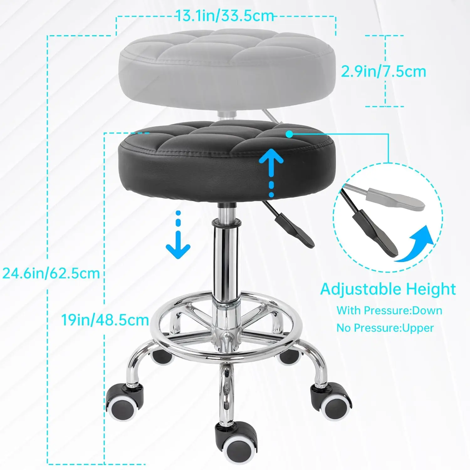 Tabouret à Roulettes en Cuir PU, Chaise de Travail, Réglable, pour Énergie, Spa, Salon, avec 250-500 pour les Pieds, Noir