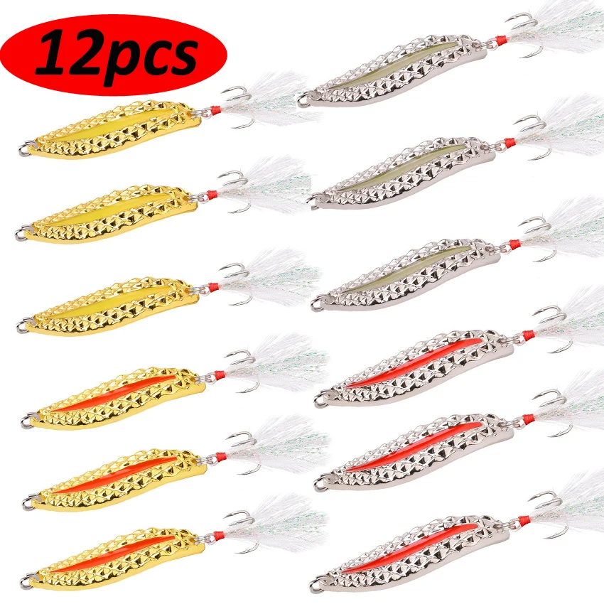 

Metal Luminous Spinner Spoon Fishing Lures 10g 15g 20g Night Tackle Sequins Bait Noise Paillette With Feather Treble Hook Pesca