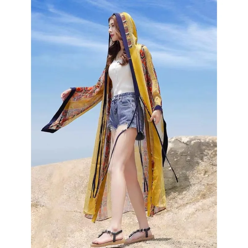 

Vacation Travel Essential Sunscreen Long Hooded Cardigan Chiffon Fabric Light and Breathable Waist Can Be Tied Oversized Cuffs