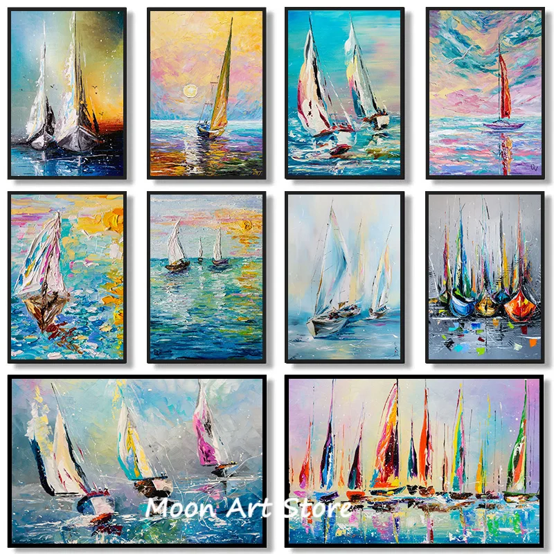 Vintage Oil Painting Sailing Boat Poster Color Sea View Canvas Painting HD Print Modern Wall Art Picture Living Room Home Decor