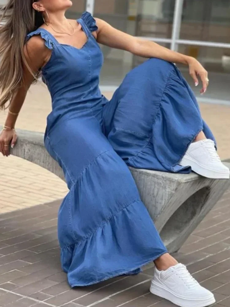 

Frilled Hem Sleeveless Shirred Flare Leg Women Jumpsuit