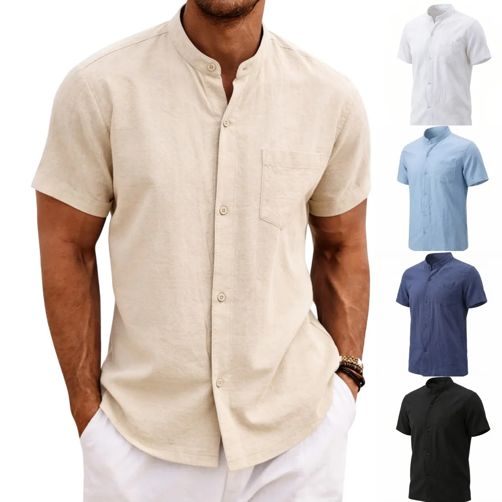 Summer New Men's Cotton and Linen Shirts Short-Sleeved T-shirt Henry Collar Casual Men's T-shirts Shirt Male Men Clothing