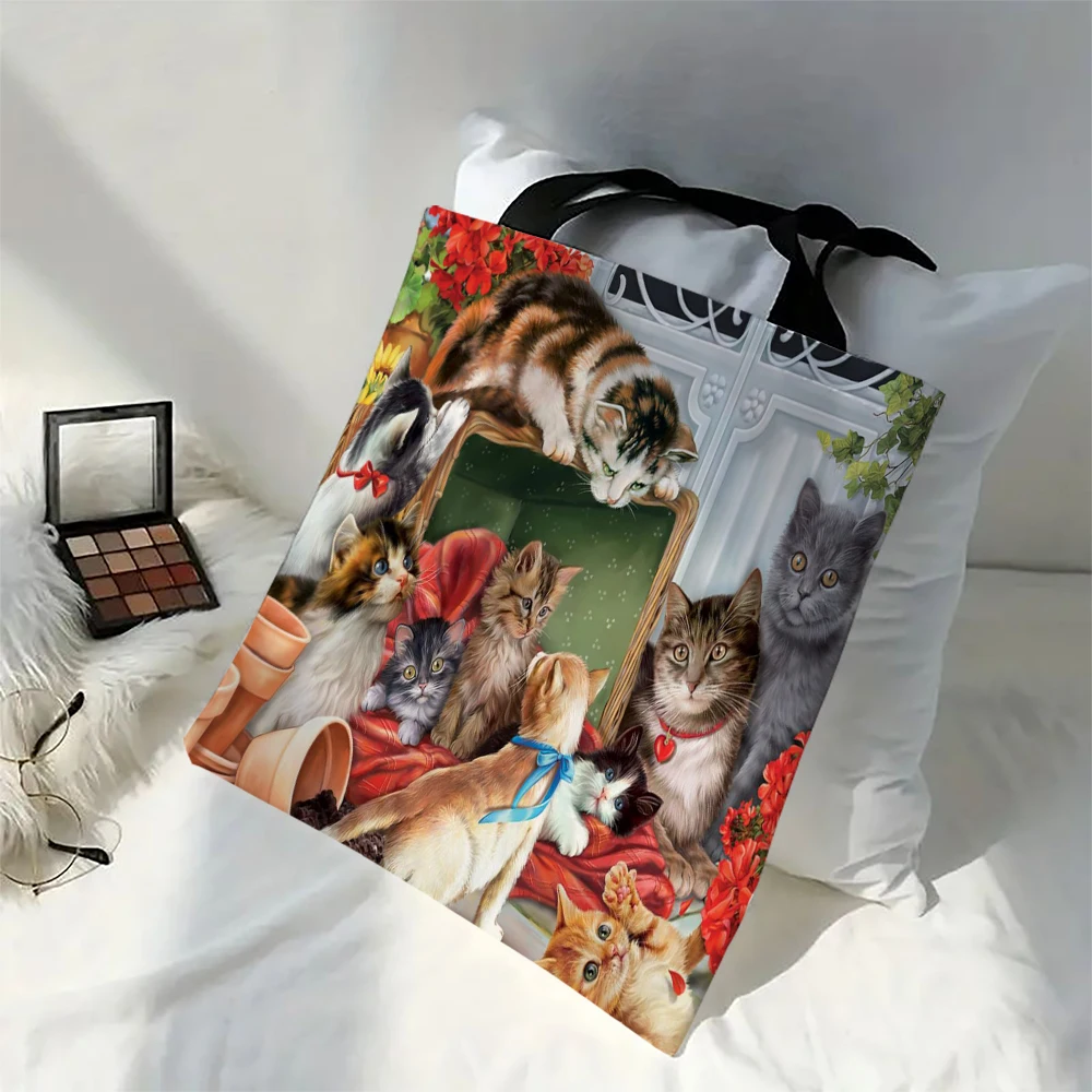 Oil Painting Cat Dog Print WomenTote Bags ReusableFor Groceries Shoulder Bags for Handbags Foldable