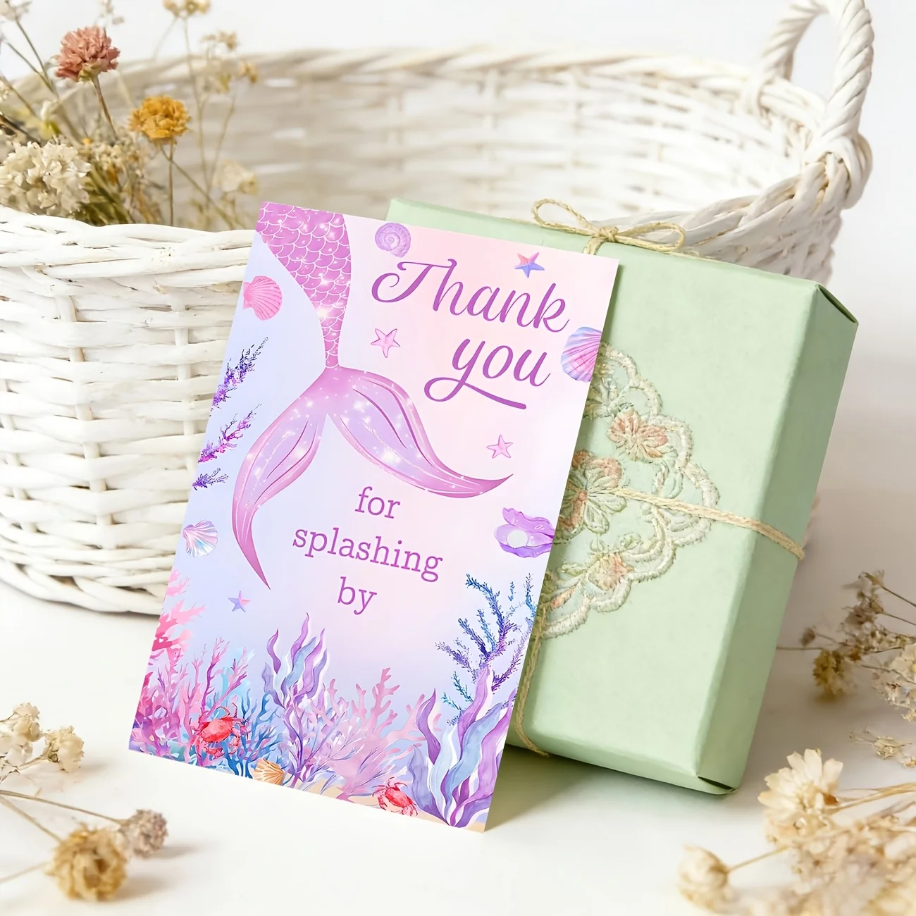 50PCS Dream Pink Purple Mermaid Gift Thank You Cards, Used for Birthday Parties, Underwater Themed Parties, and Other Occasions