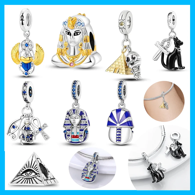 Egyptian Pharaoh Bastet Pyramid CZ Original Charms Silver Plated Bead Fit Bracelets Bag Keychain Charms Diy Women Gift Accessory