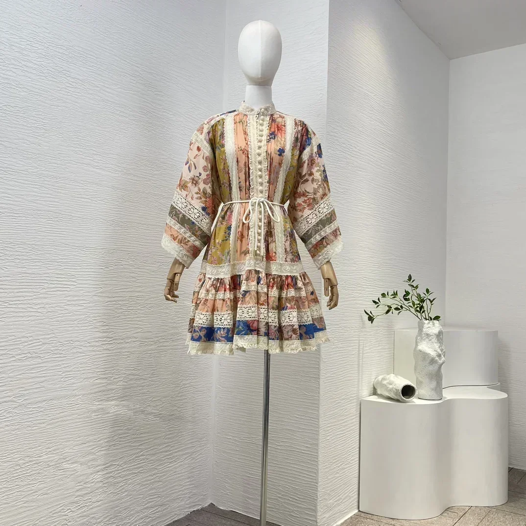 Mini vestido de mujer con volantes y manga larga, camisola Vintage separada con estampado Floral de algodón puro y cinturón de lazo, retazos de encaje