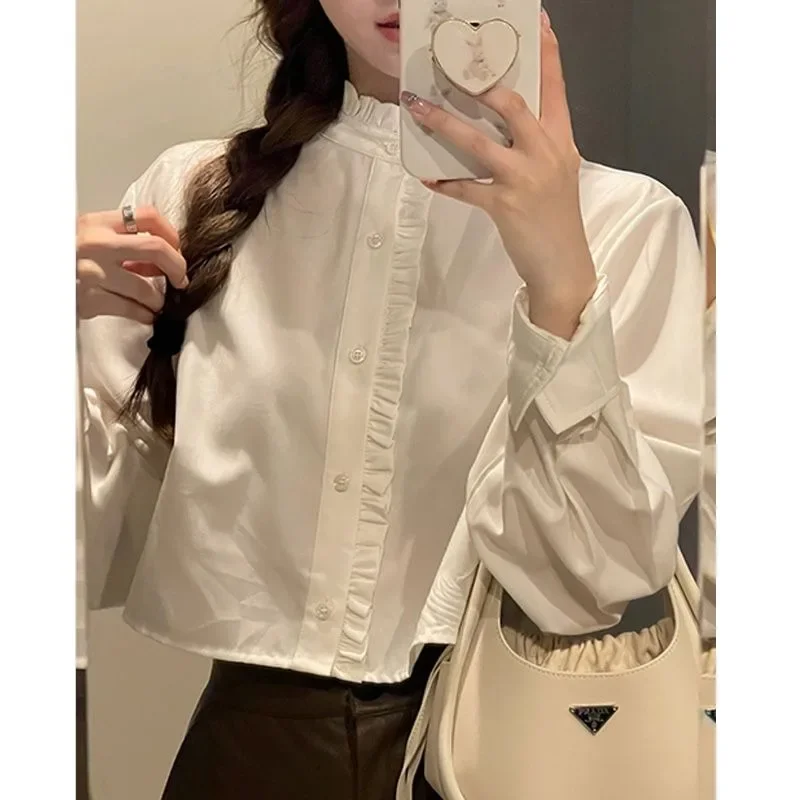 White Short Shirt Woman Korean Fashion Sweet Preppy Long Sleeve Blouses Summer Youthful Casual Y2k Vintage Aesthetic 2024