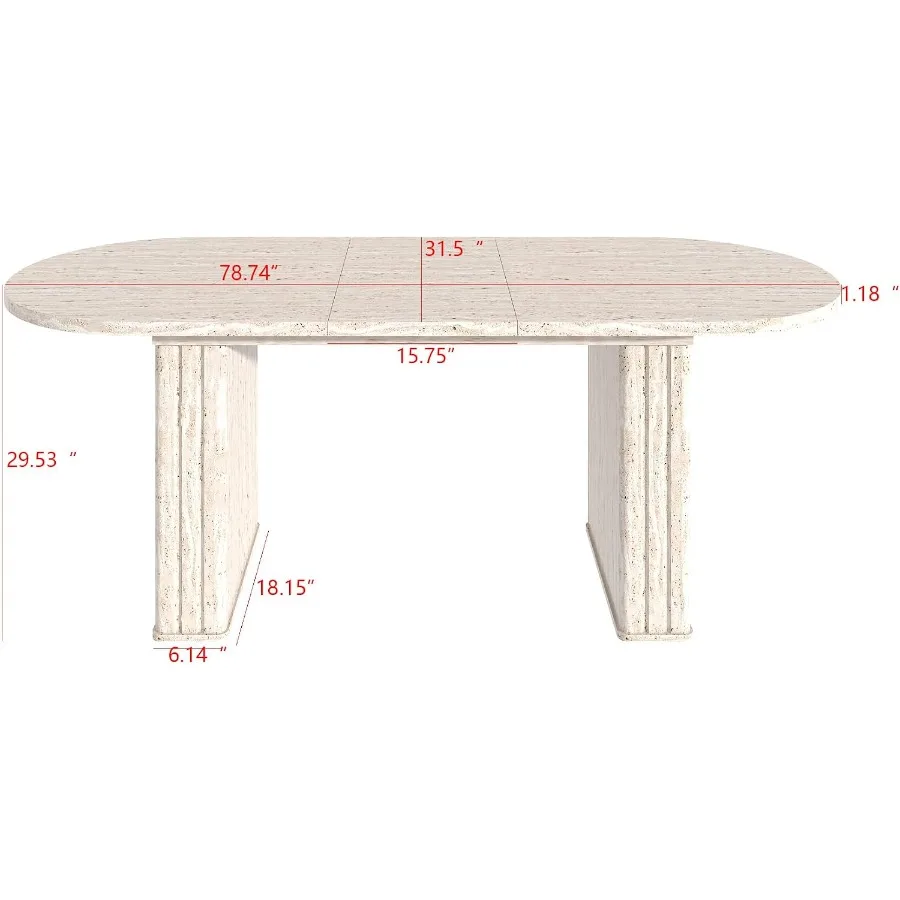 Extendable Dining Table for 4-8 People, Oval Travertine-Inspired Surface with Natural Wood Strip Base Modern Family Living Room