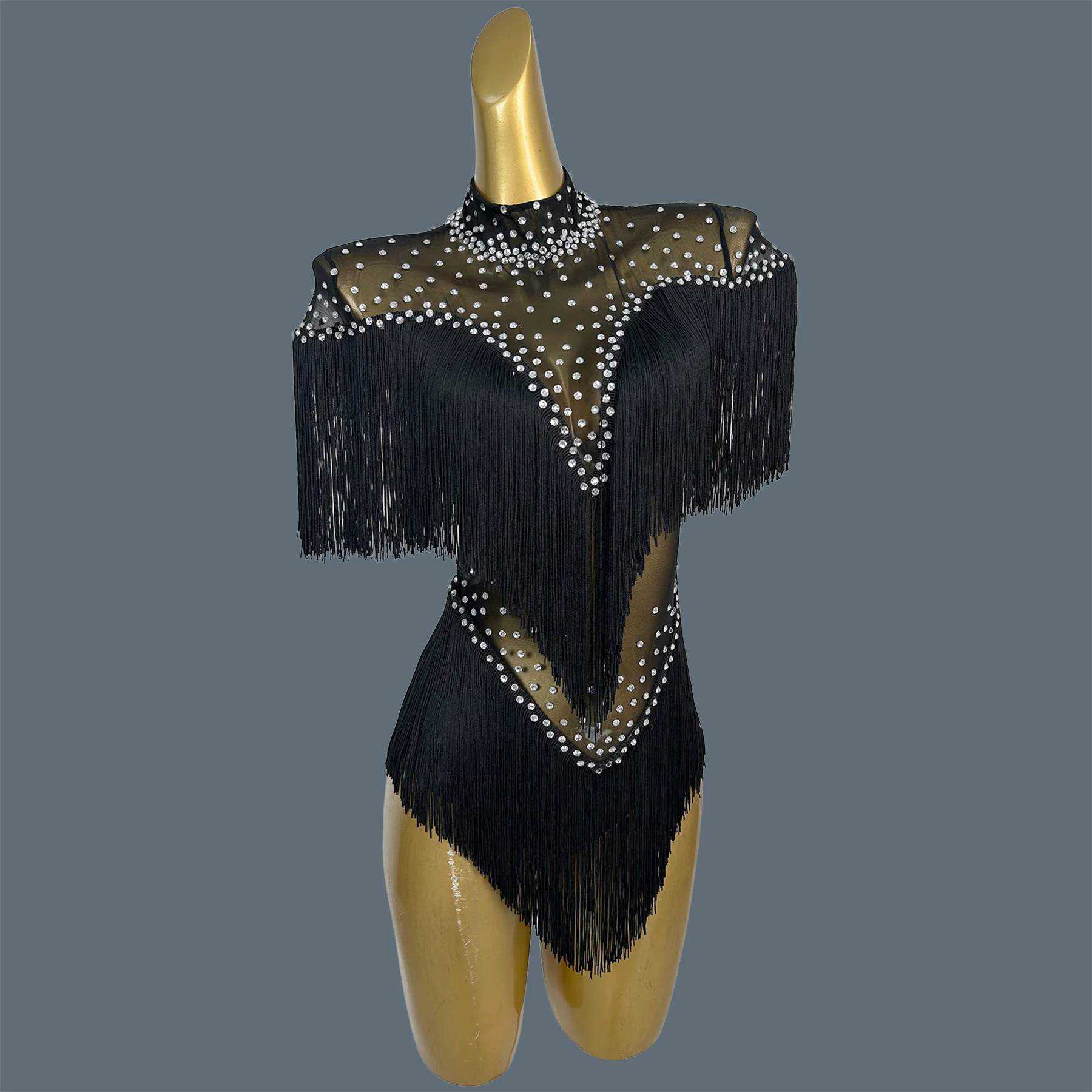 Women Nightclub Carnival Party Show Costume Rhinestone Tassel Bodysuit Women Sexy Dance Drag Queen Performer Outfit Caizhuang