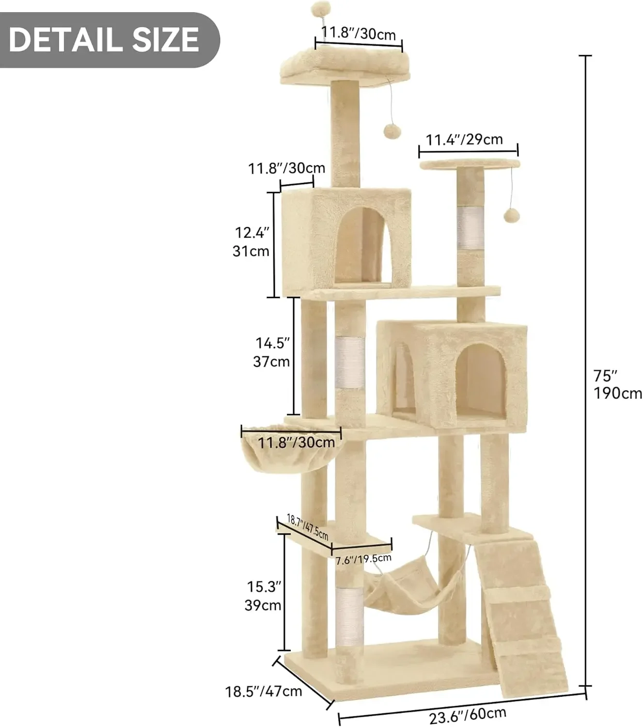 75-inch Indoor Cat Tree Tower, Multi-Level Pet Playground, Cat Furniture With Scratch Posts, Hideaway Condos, Soft Perch|