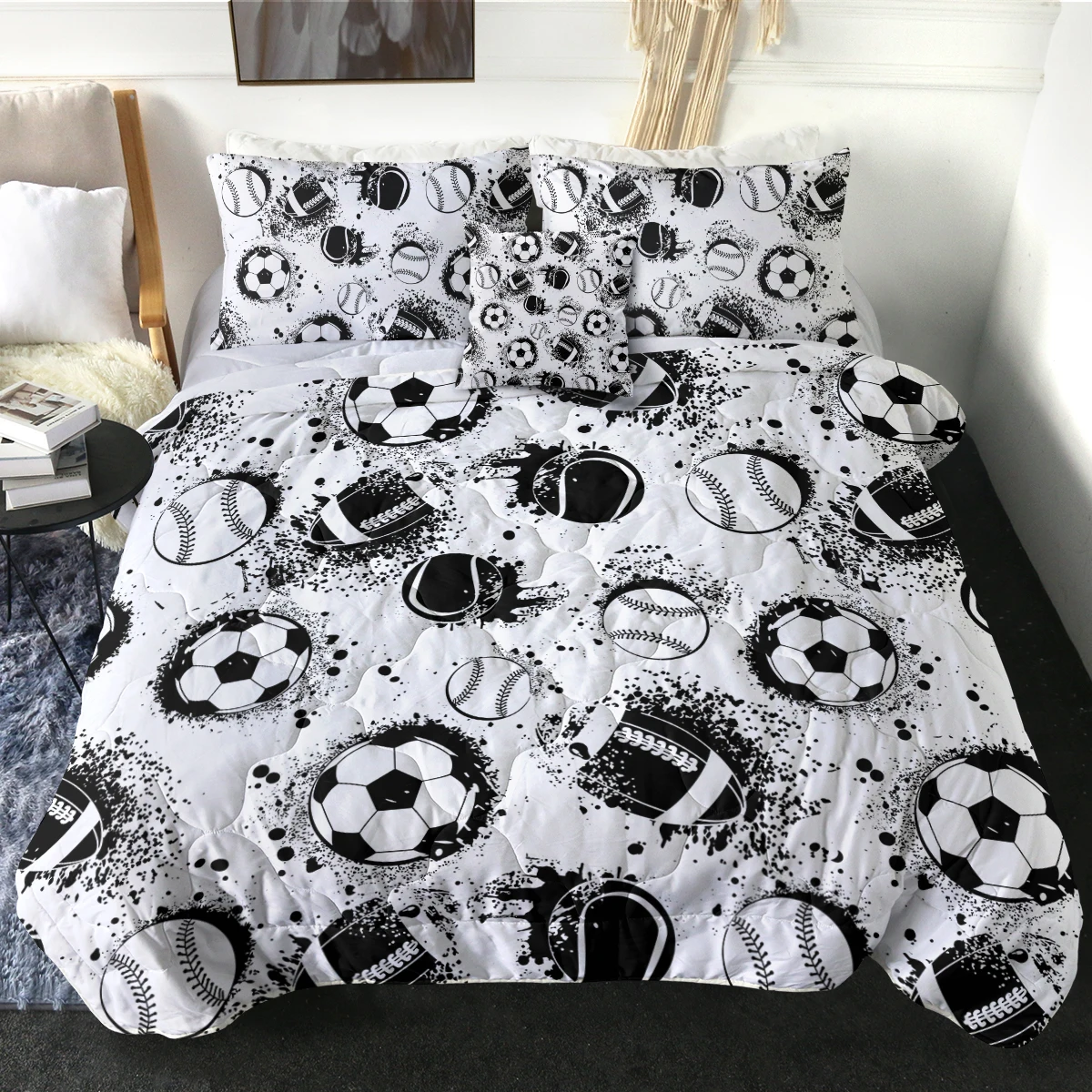 

3 Pieces All Kinds Of Balls Like Soccer Tennis Baseball Rugby Comforter Set Ultra Soft Microfiber Bedding Comforter Set