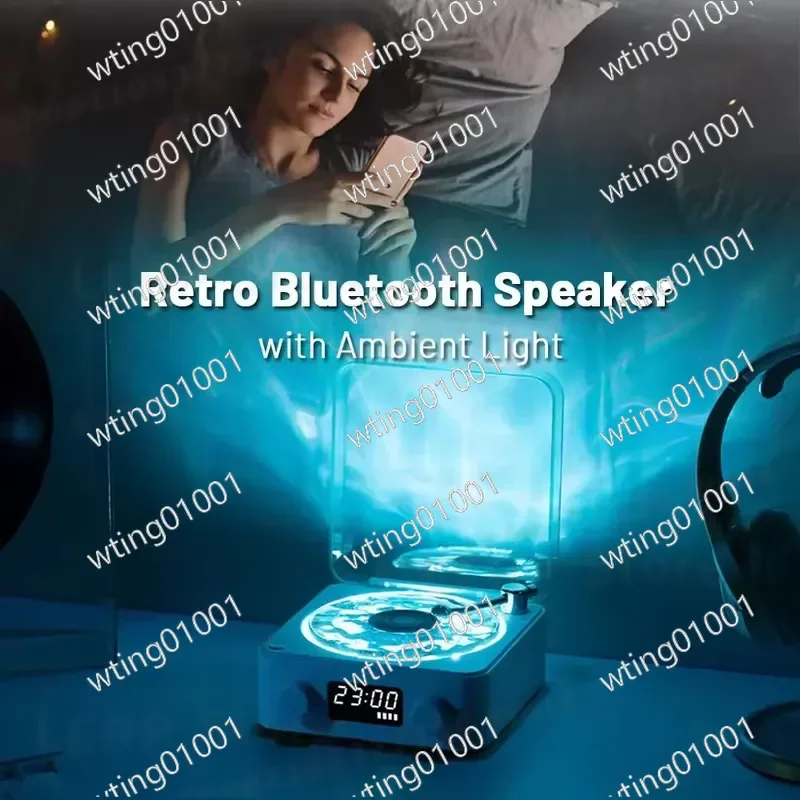 for Retro Turntable Speaker with Ambient Lamp 1500mAh Rechargeable Portable White Noise Sleep Aid Music Player Digital Clock
