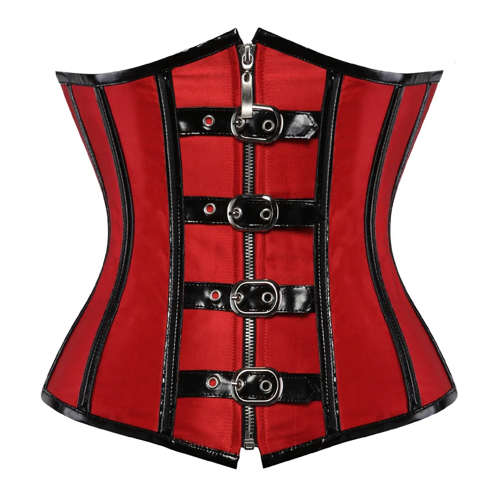 

Gothic Corsets And Bustiers Red Satin&PVC Spiral Steel Boned Front Zipper Sexy Waist Trainer Corset Underbust Korsett For Women