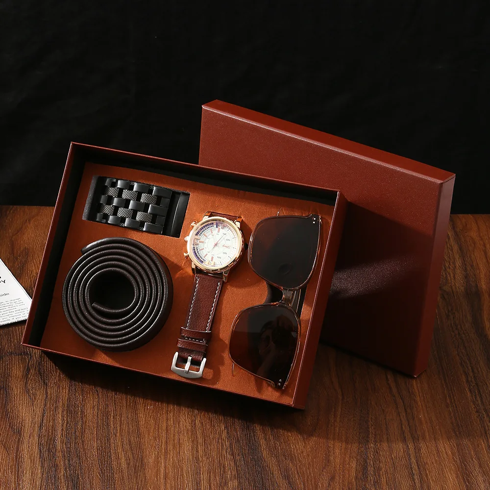 New Men’s Watch Belt and Sunglasses Set Gift Box Quartz Wristwatches Anniversary Father's Day Business Gift Set Box Wholesale