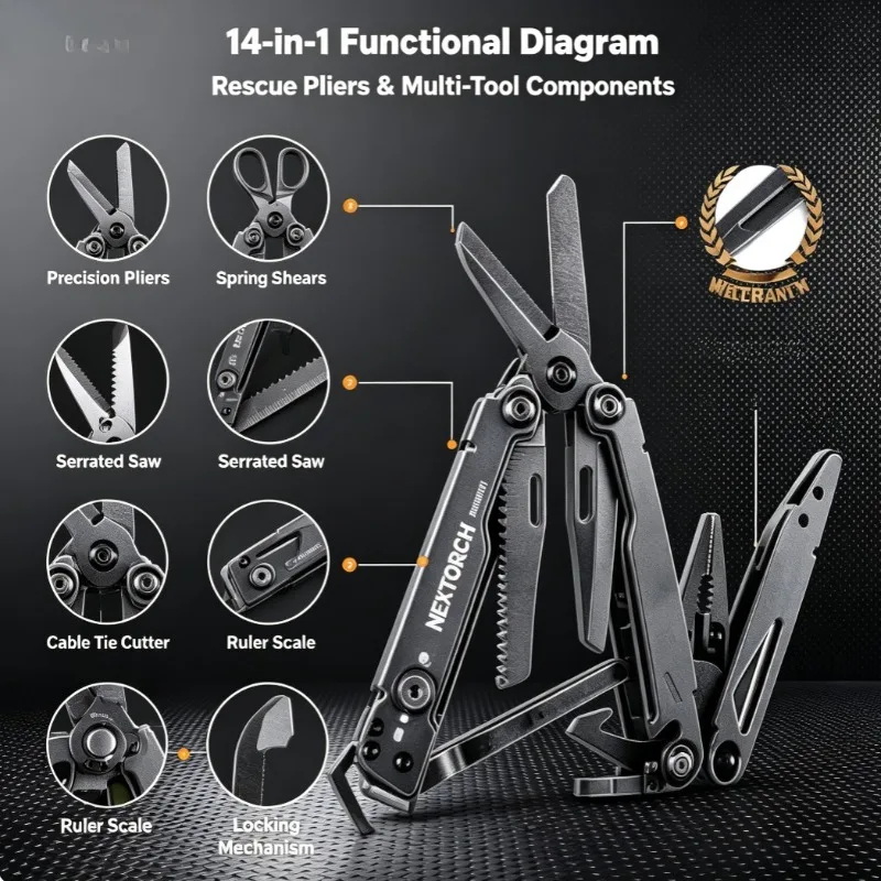 NEXTORCH Pioneer 14-in-1 Multitool, Folding Pliers & Rescue Shears, Outdoor Camping EDC Survival Gear, Portable Multi Function H