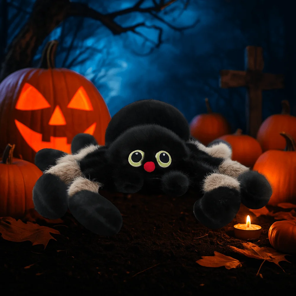 Holloween Decor-muñeco de peluche de araña de ojos de colores, simulación de araña esponjosa, juguete de peluche, cómodo y suave