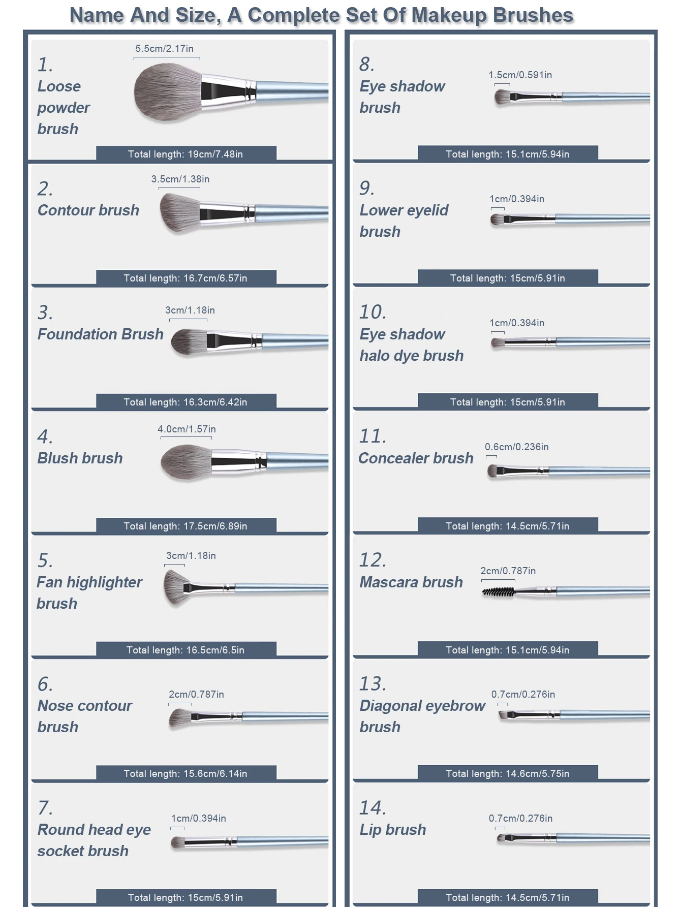 1 Juego de 14 brochas de maquillaje, polvo reparador de ojos para principiantes, sombra correctora de alto brillo, juego completo de brochas de pelo suave, llevar una caja