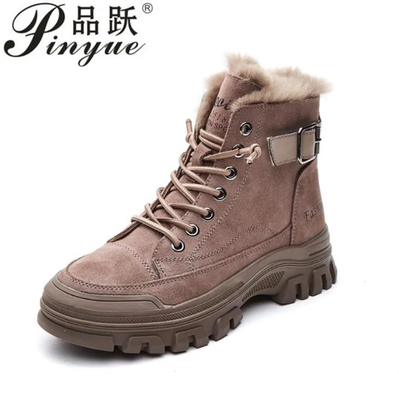 women Genuine Leather Winter Anti Slip Plush Indoor Warm Cold Proof Snow Boots High Top Platform Lace Up Outdoor Sport Work Boot