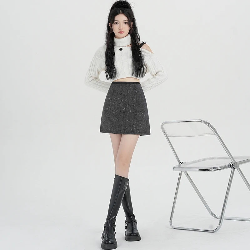 Womens High Waist A-Line Short Skirt Solid Color Woolen Sequin Wrap Hip Winter High Street Fashion Sexy Casual