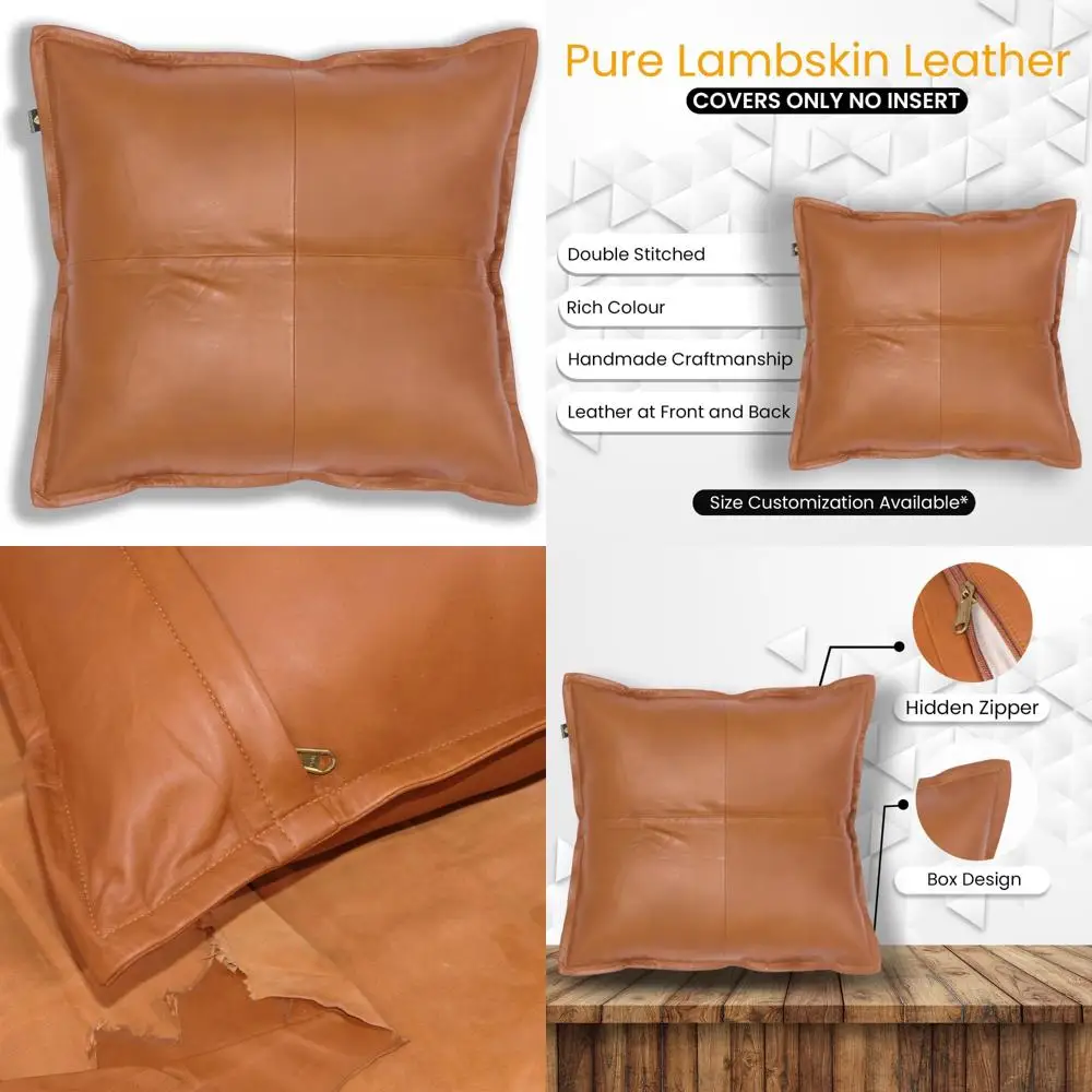 

Lambskin Leather Pillow Cover - Sofa Cushion Case - Decorative Throw Covers for Living Room and Bedroom, 20x20