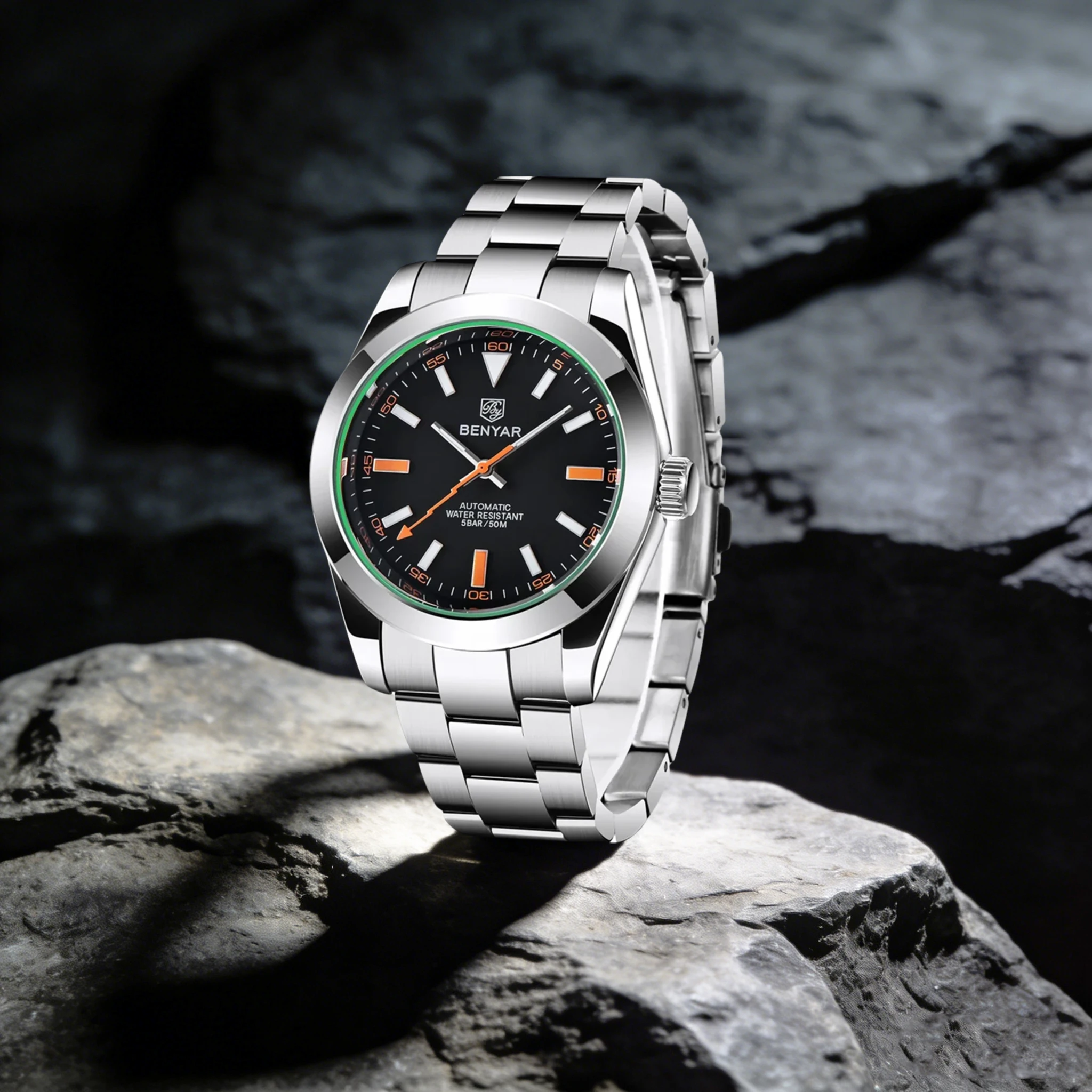 

Элегантные мужские автоматические механические часы BENYAR 41 мм: роскошный дизайн, нержавеющая сталь, Hardlex, светящиеся стрелки, водонепроницаемые