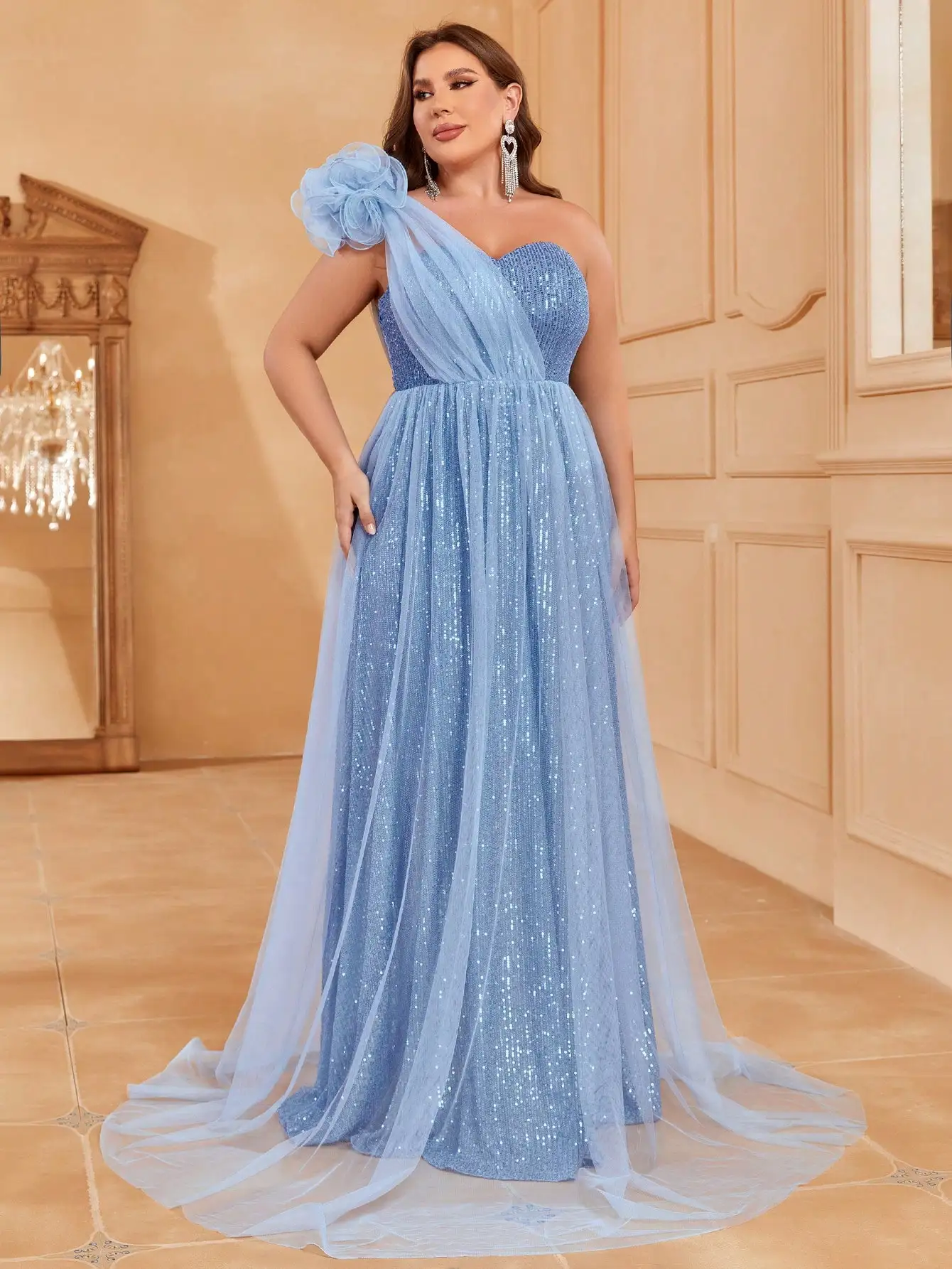 Plus One Shoulder Stereo Flower Mesh Overlay Sequin Formal Dress