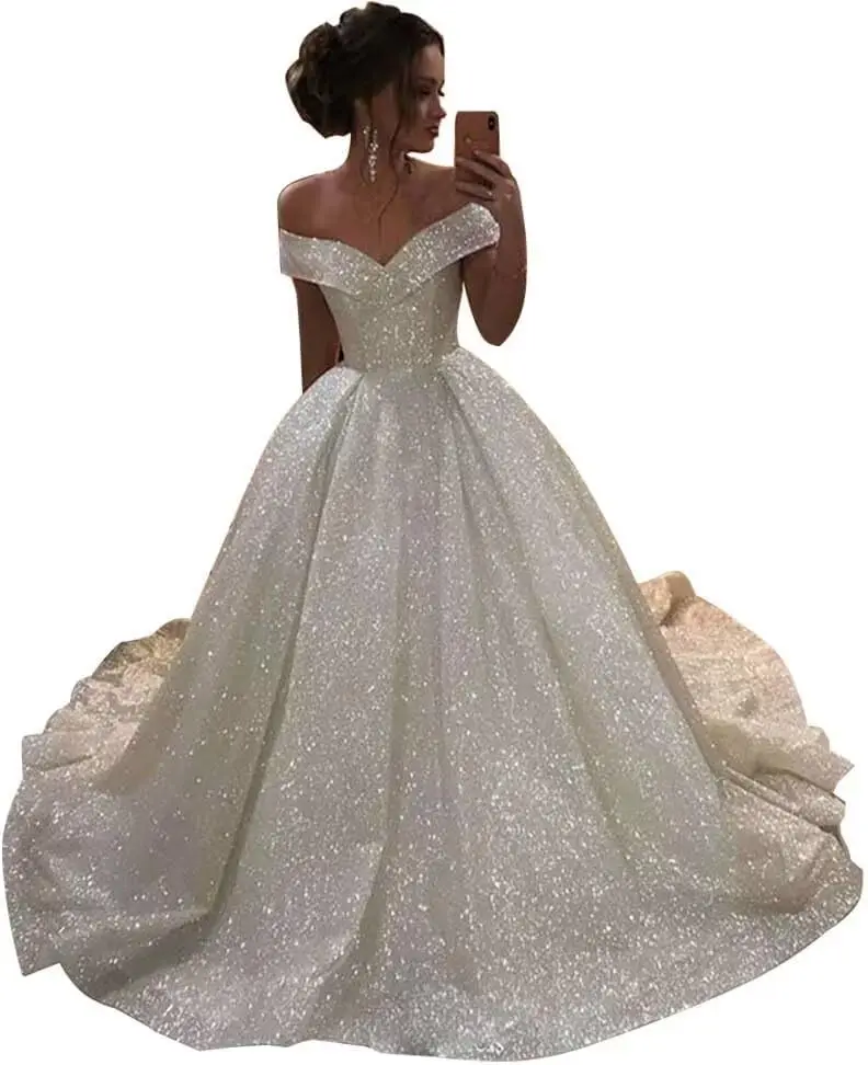 Open back Ball Gown Lace Wedding Dresses for Bride 2025 Off Shoulder A Line Princess Bridal Dress with Sleeve Train YX026