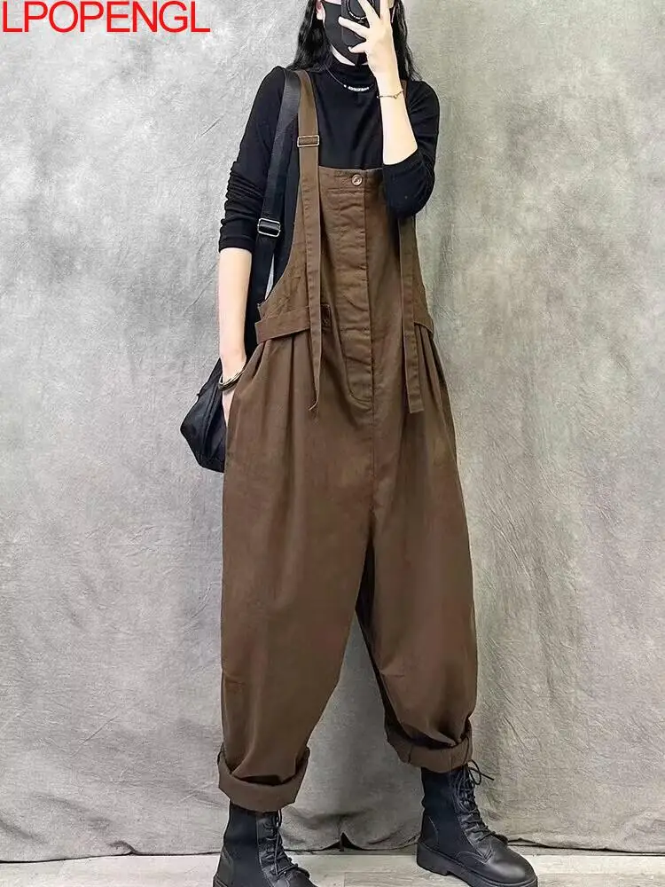 Solid Color Straight Adjustable Rompers Women's Autumn Casual Fashion Retro Loose Streetwear Oversized Square Collar Jumpsuits