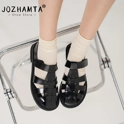 JOZHAMTA Size 33-43 Women Gladiator Sandals Real Leather T-Straps Chunky Low Heels Summer Shoes Ins 2025 Vintage Office Dress