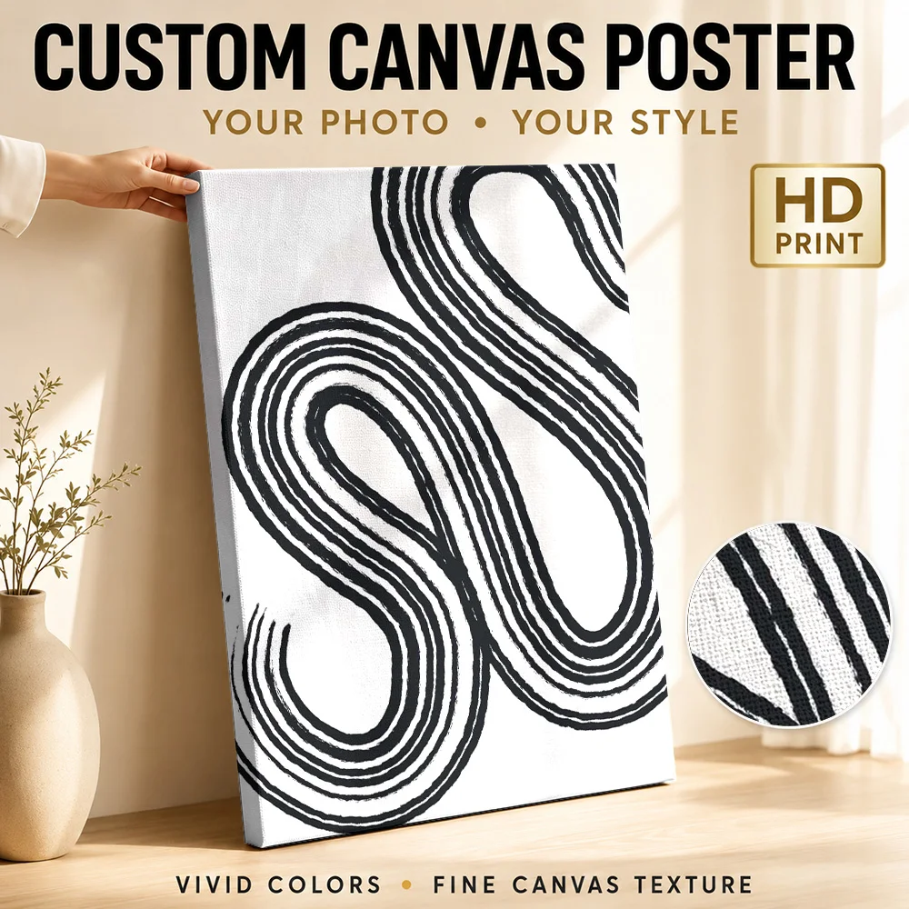 Black Looping Lines Framed Canvas Print Customized Photo Minimalist Contour Illustration Wall Art For Modern Apartment Lounge