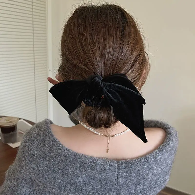 New Vintage Velvet Bow Scrunchie Rabbit Knot Hair Rope Ribbon Elastic Ponytail Holder Hair Tie Solid Hair Accessories Winter