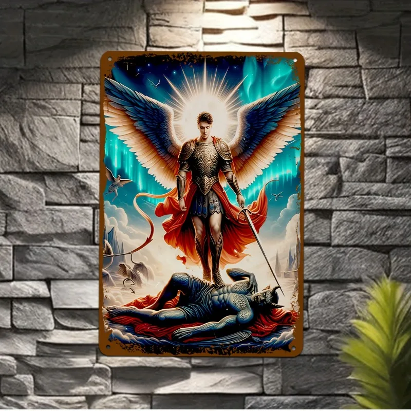 

Archangel Saint Michael Vintage Metal Sign, Aluminum Religious Art Poster for Church, Multipurpose Wall Hanging Yard Sign